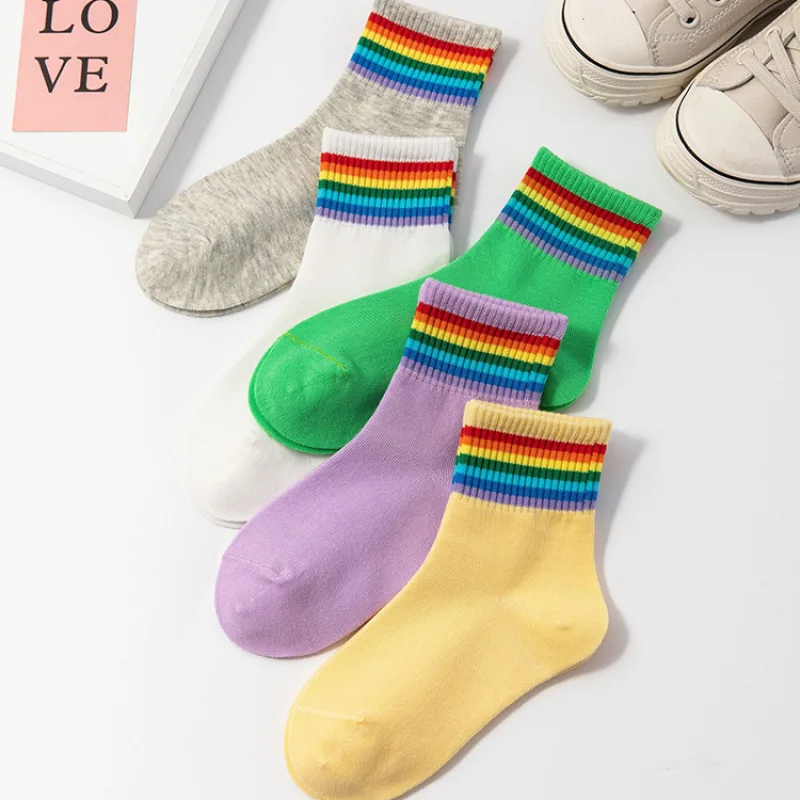 

5pairs Children's Rainbow Socks Boys and Girls Leisure Sports Stripes Socks Softness Breathable Pure Cotton Absorbs Sweat Socks