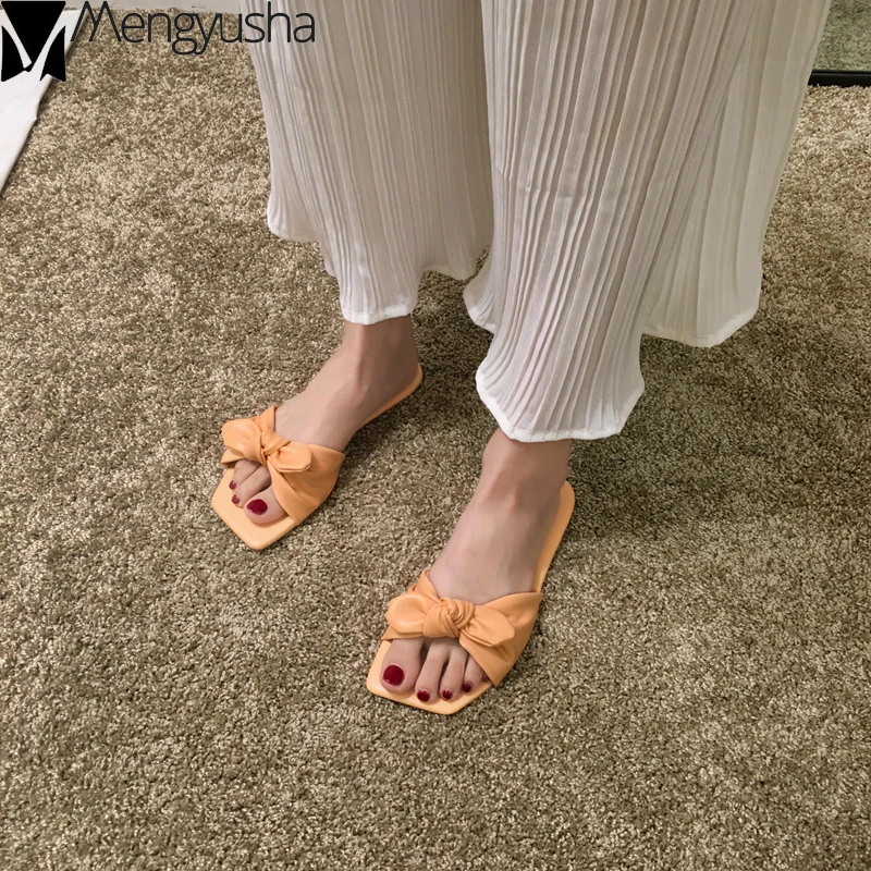 Летние шлепанцы с квадратным носком и бантом Однотонная Короткая Повседневная
