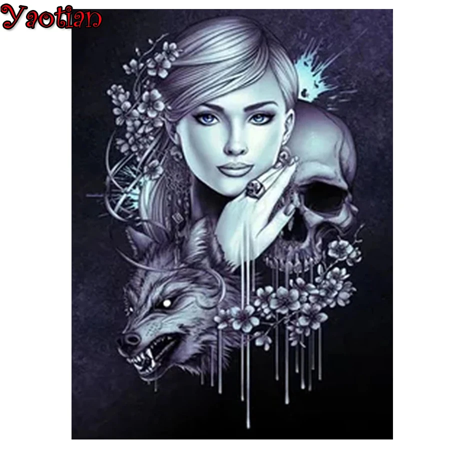 

Алмазная вышивка с изображением черепа девушки, квадратная/круглая, алмазная картина с изображением волка