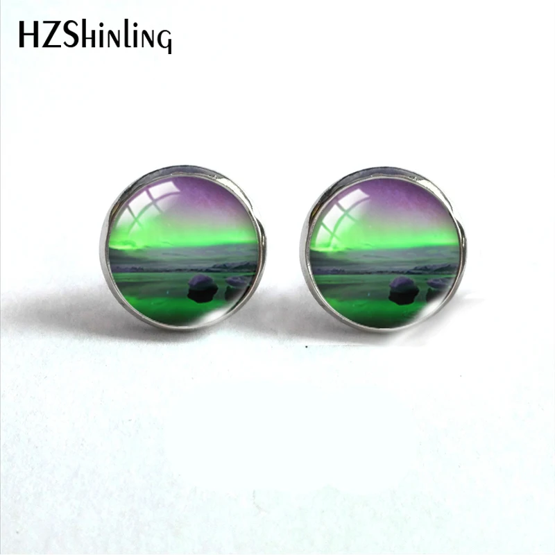 Green Northern Lights Earrings Light Jewelry Aurora Handcraft Glass Dome Stainless Steel Stud | Украшения и аксессуары