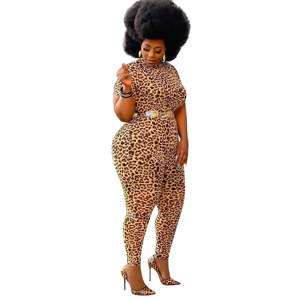 

Plus Size Newest Women Jumpsuits Leopard Printing Hot Selling Female Skinny Short Sleeve Long Pants Rompers For Nightclub Party