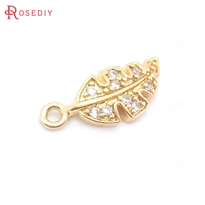 

(38535)10PCS 6.5x16MM 24K Champagne Gold Color Brass and Zircon Tree Leaves Charms Pendants High Quality Jewelry Making Supplies