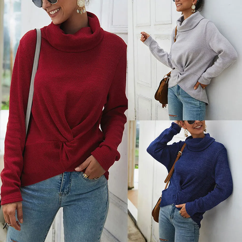 Новый женский Однотонный свитер с высоким воротником повседневные топы длинным