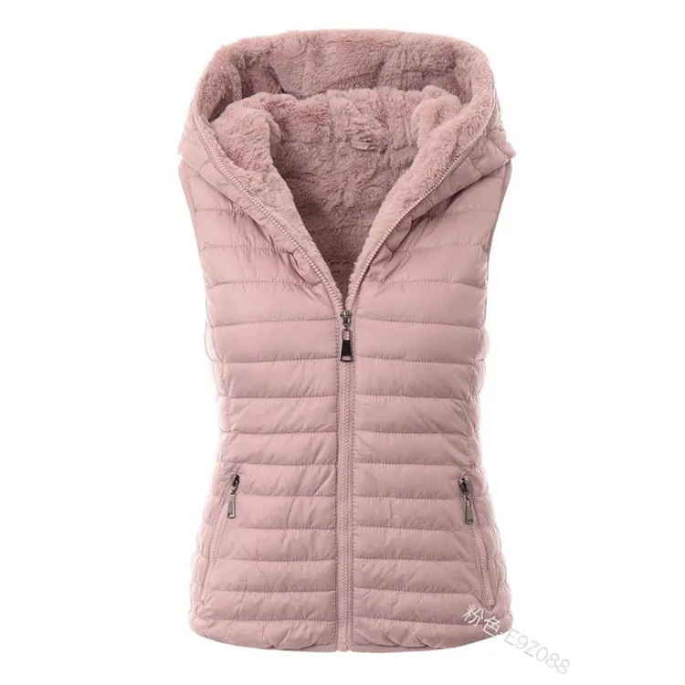

WEPBEL Women's Casual Solid Color Warm Hooded Sleeveless Vests Autumn and Winter Short Slim-Fit Zip Vests