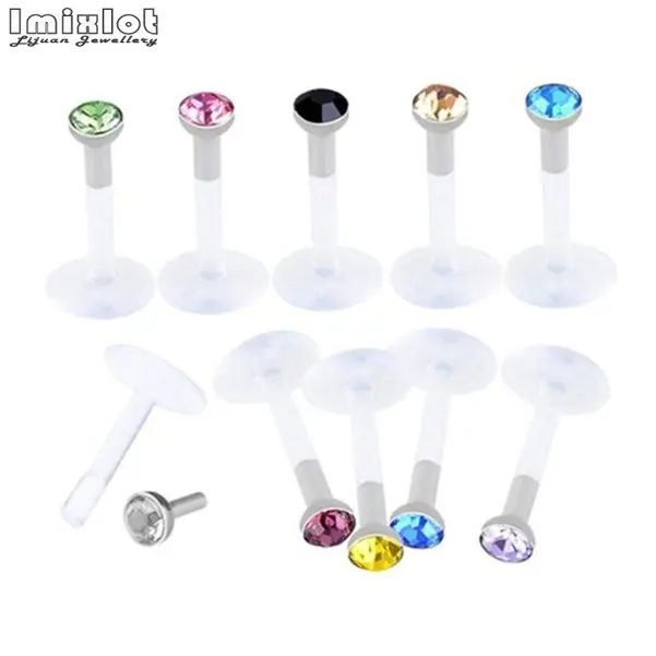 10pcs White 10 шт./16 шт. набор Белый Черный 16 г акрил CZ Кристалл Лабрет шпилька Монро Бар губ кольцо пирсинг Высокое качество шпильки для губ - Окраска металла: 10pcs White