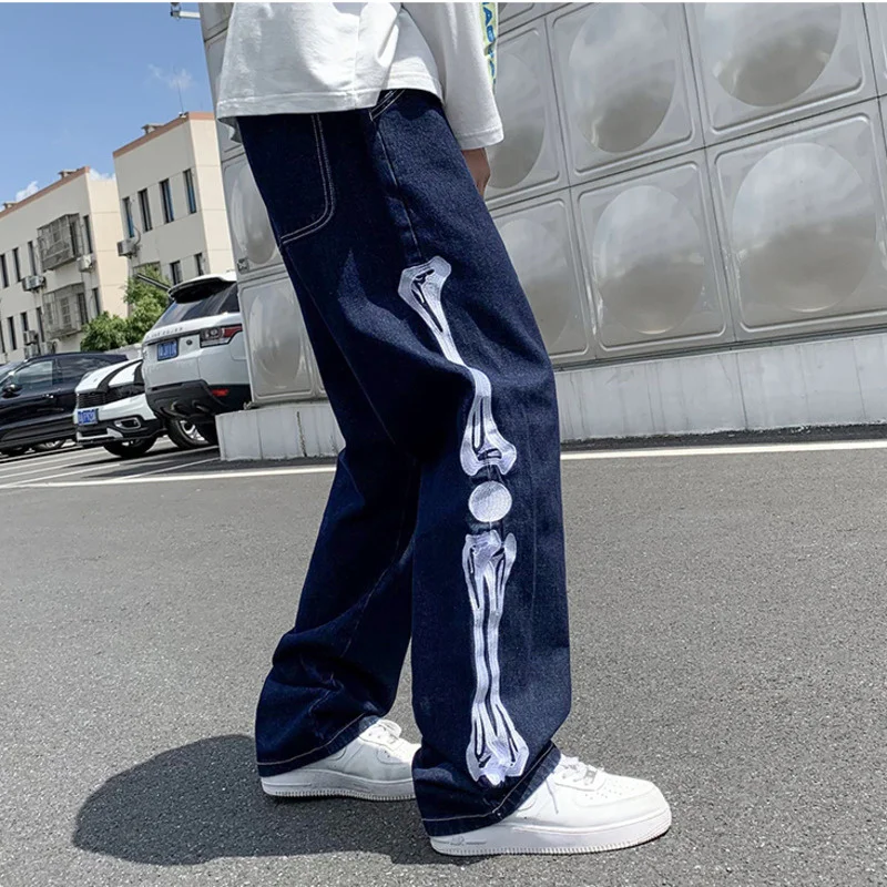 

Men's Y2k Blue Skeleton Jeans 2021 Autumn Zipper Washed Casual Straight-leg Pants Vintage Skeletons Wide Leg Denim Trousers
