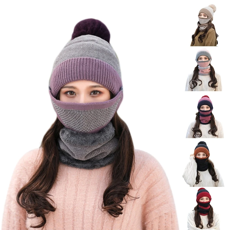 

Women Winter 3Pcs Beanie Hat Scarf Face Mask Set Cycling Contrast Color Knitted Pompom Skull Cap Plush Lined Neck Warmer