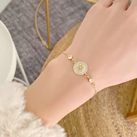 korean new fashion jewelry simple round camellia shell 14k gold bracelet student women can stretch and adjust daily bracelet