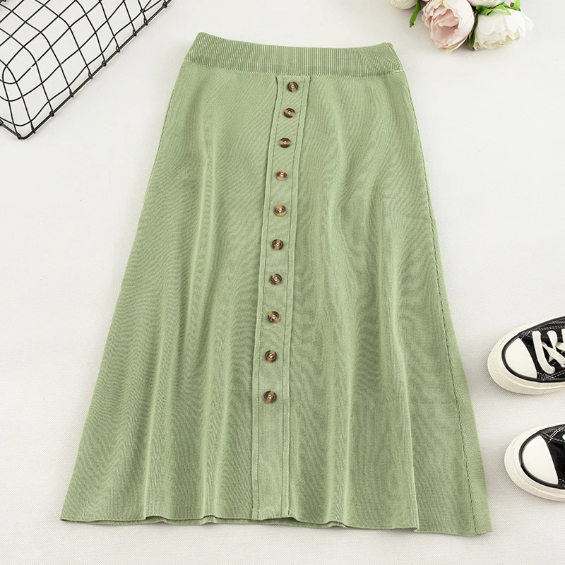 SINGRAIN популярная вязаная женская юбка трапециевидной формы с пуговицами длинные