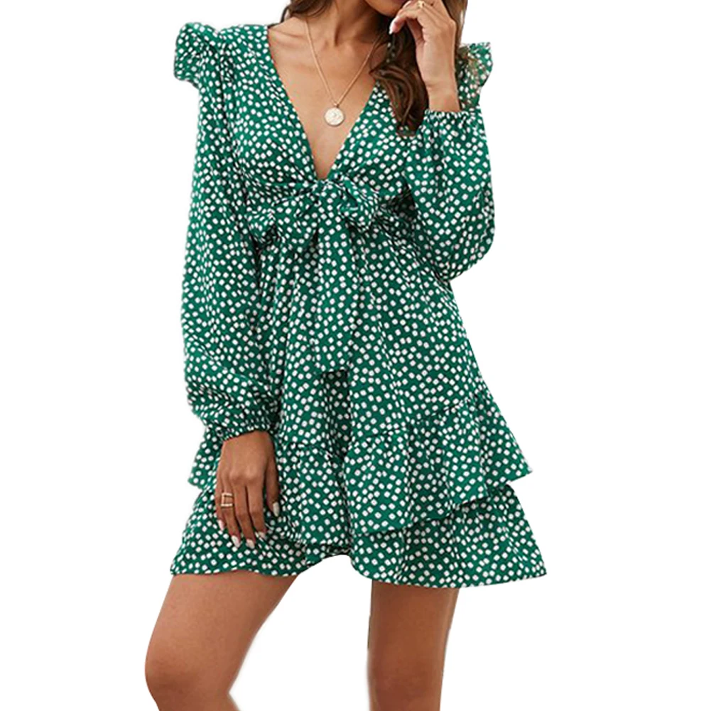 

2021 Women Dress Boho Floral Ruffle Short Mini Dress Summer Knot Sexy V-Neck Party Holiday Dress Femme vestido de mujer