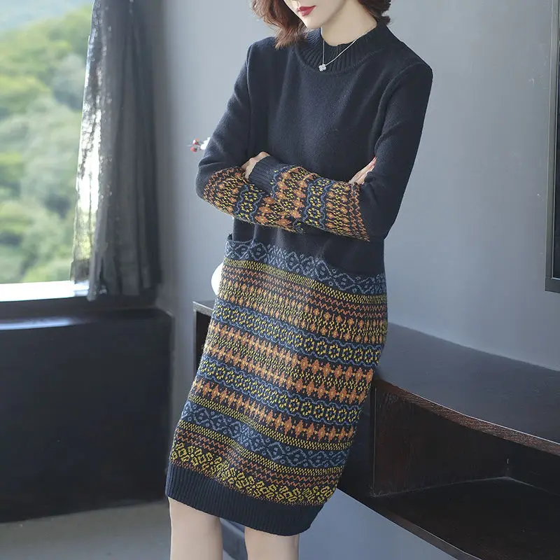 

Women 2020 Autumn Winter Fashion Embroidery O-Neck Dress Female New Knitted Elegant Dresses Ladies Long Sleeve Slim Dress P27