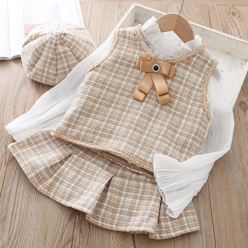 2019 новый топ для маленьких девочек Модный комплект одежды клетчатый жилет куртка