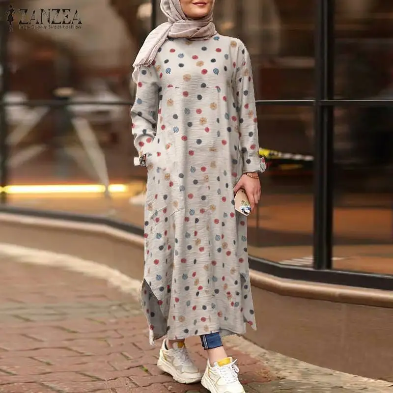 

Loose Long Sleeve Dubai Turkey Hijab Kaftan Sundress 2021 Autumn Fashion Muslim Long Dress ZANZEA Casual Floral Print Robe