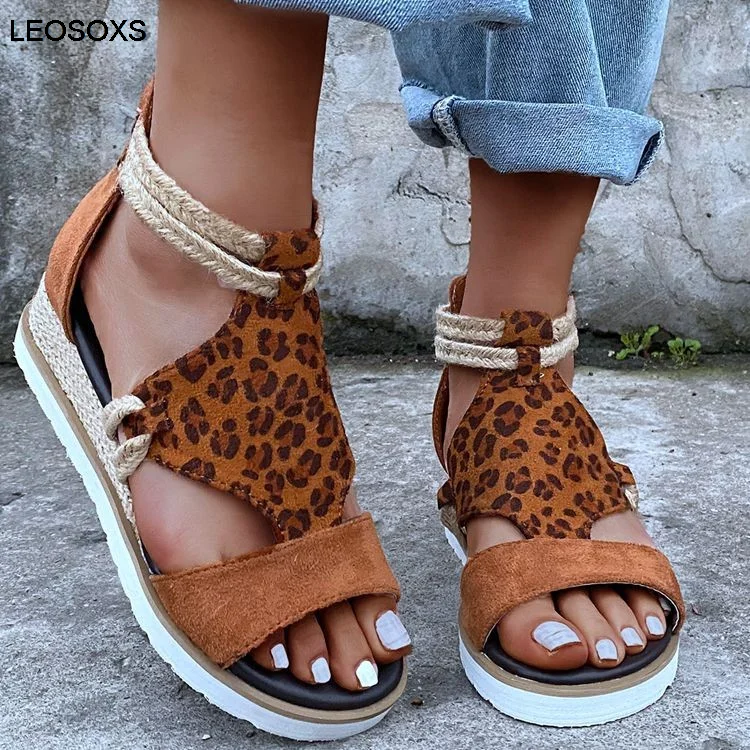 

Women's New 2021 Summer Plus Size Roman Round Head Flat Wedge Heel Sandals With Rhinestone Fish Mouth Female
