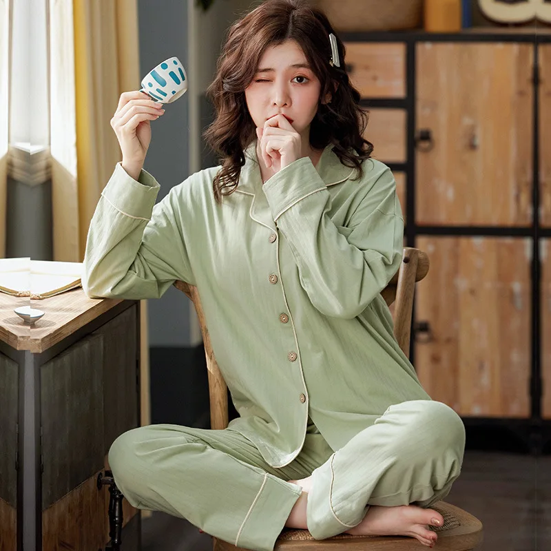 

2021 Newest Pajamas Women's Spring and Autumn White Solid Color Multi-Color Selection Simple Long-Sleeve Homewear Suit