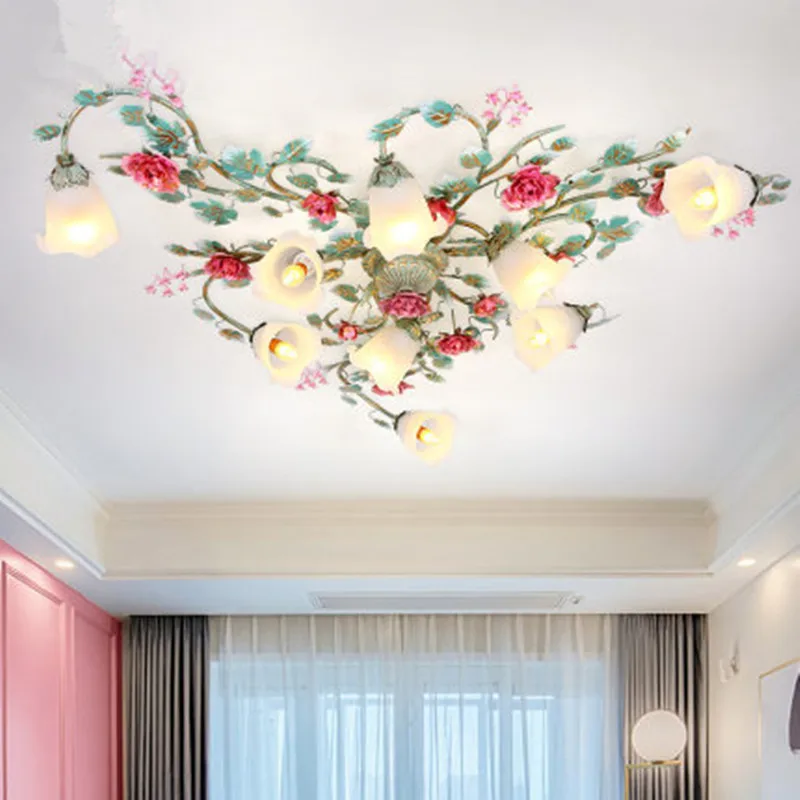 Goedkoop Moderne Land Zuig Dak Verlichting Woonkamer Lamp Verlichting Pastorale Bloem Slaapkamer Plafondverlichting Romantische Rose Lantaarn