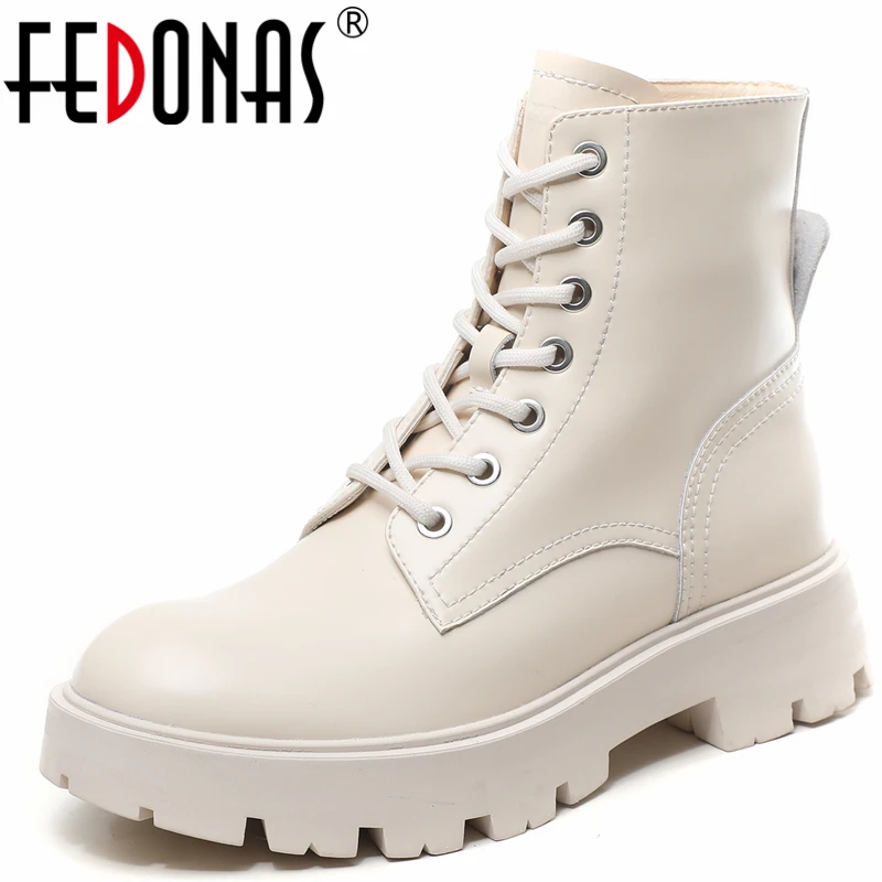 

FEDONAS Ins Hot Women Ankle Boots Genuine Leather Fashion Thick Heels Lace-Up Shoes Woman Winter Outdoor Casual Motorcycle Boots