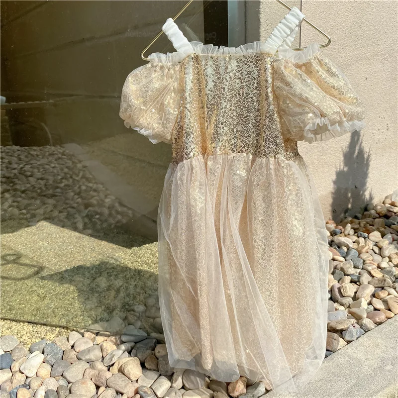 

2021 Summer Tutu Dress Korean Glitter Off Shoulder Puff Sleeve Princess Dress Baby Toddler Sequins Vestidos Birthday 1 To 8 Yrs
