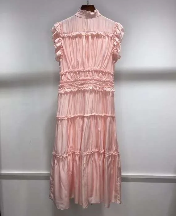 

Fashion 2021 Summer Dress High Quality Women Tunic Buttons Deco Ruffle Pleated Sexy Mid-Calf Length Dark Blue Pink Dress Vintage