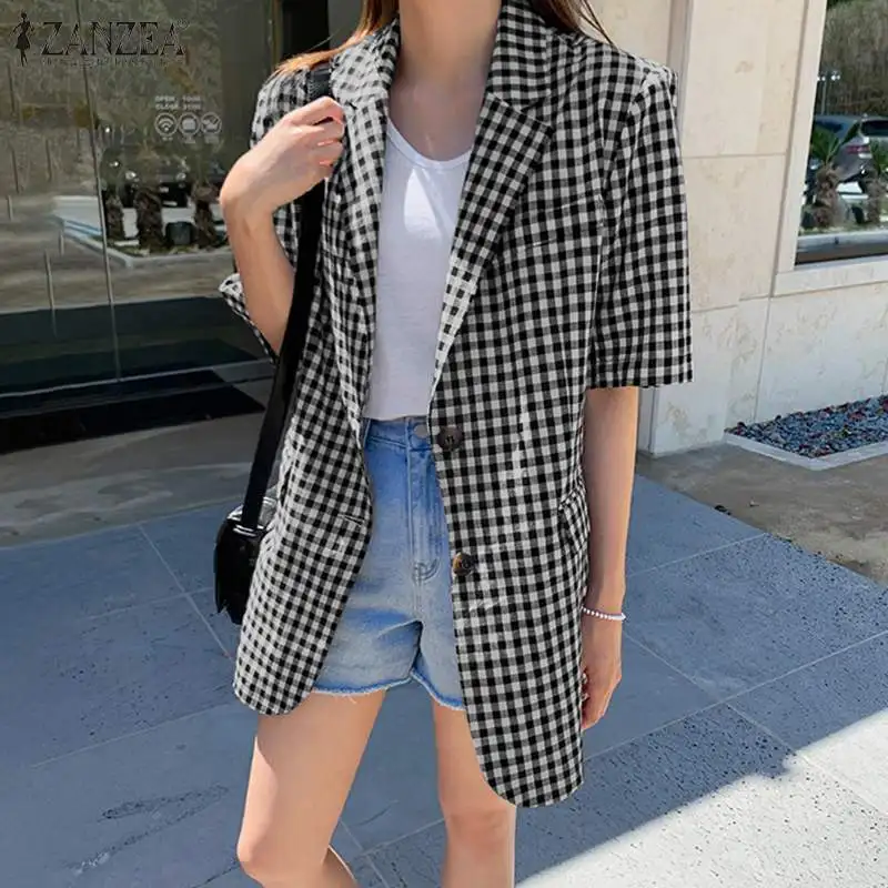 

Vintage Women's Check Blazers ZANZEA 2021 Casual Coats Long Sleeve Outwears Female Single Button Plaid Overcoats Oversized Tops