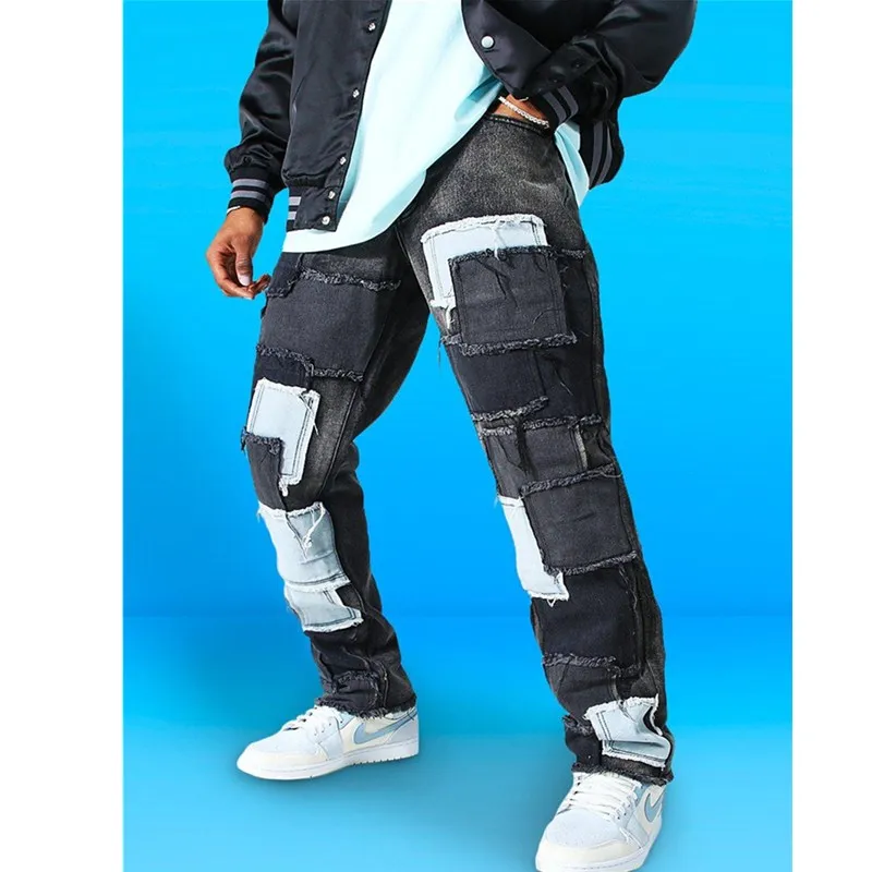 Новые мужские джинсы тонкие лоскутные цветные узкие обтягивающие черные синие