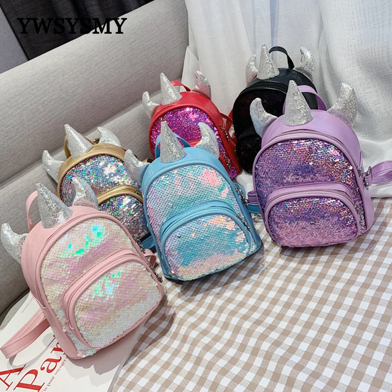 Kindergarten Kids Backpacks PU Leather Bags for Girls Sequin Shoulder Bags Cute Cartoon Children School Bags Mini Girl Backpacks