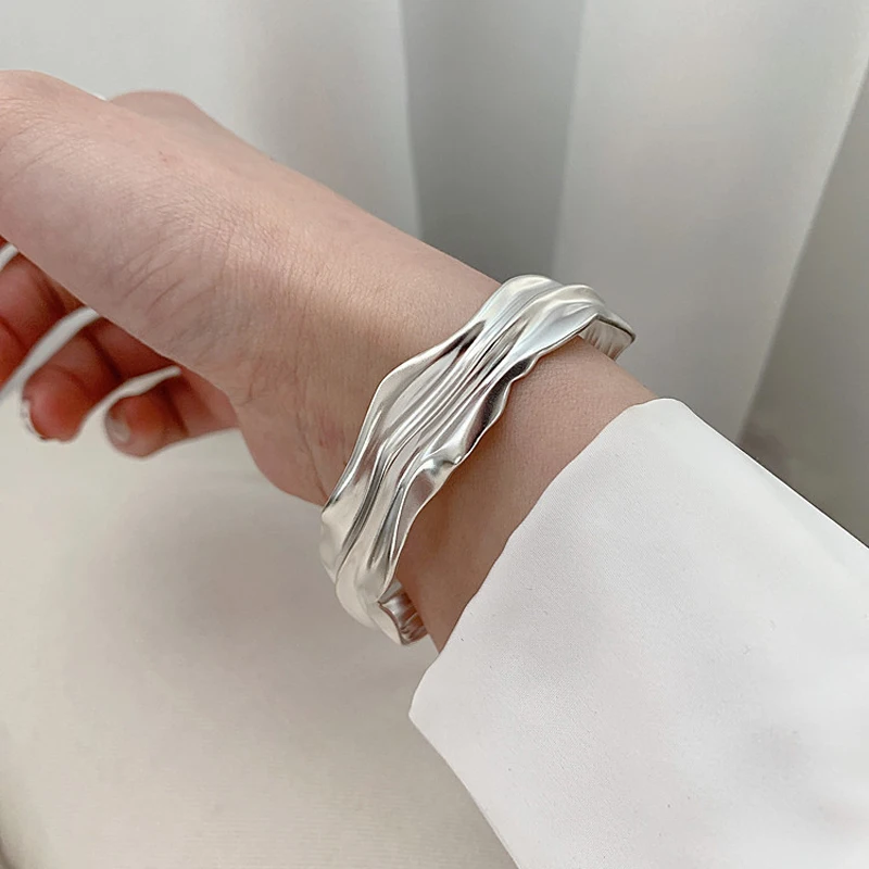 

VENTFILLE 925 Sterling Silver Irregular Fold Texture Wide Bangles For Women Men Simple Temperament Geometric Bracelet 2021 NEW