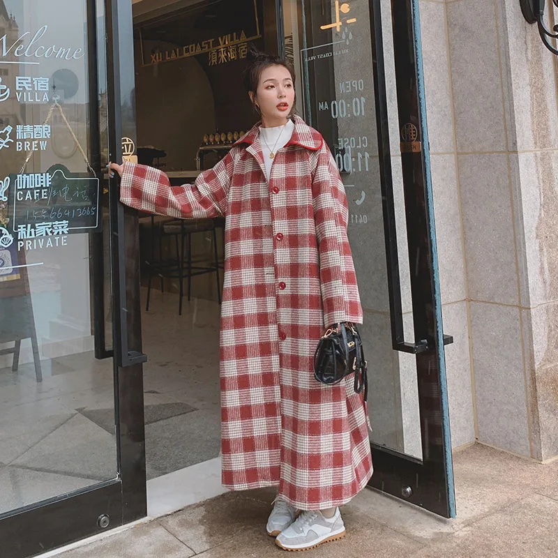 

British Red retro Plaid Winter Long Woolen Coat 2021 Women's Loose Casual High Quality Thick Warm Wool Blend Women Coats NZ08