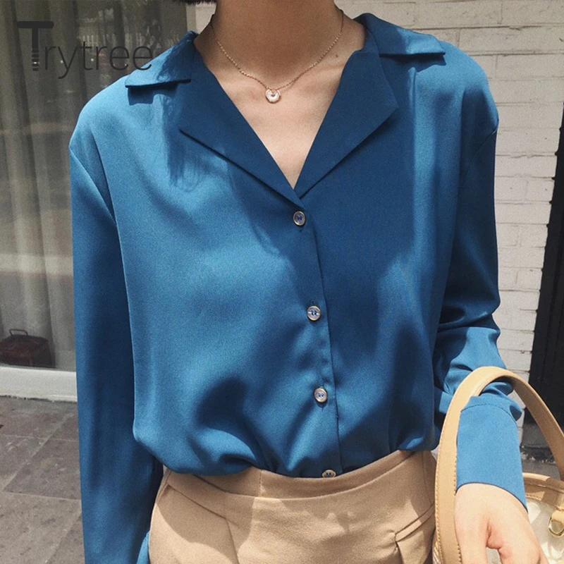 Осень зима 2020 женская блузка Trytree повседневная однобортная однотонная модная