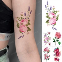 rose peony lavender flower tattoo transfer waterproof temporary tatto sticker body art realistic color flash fake tato men women