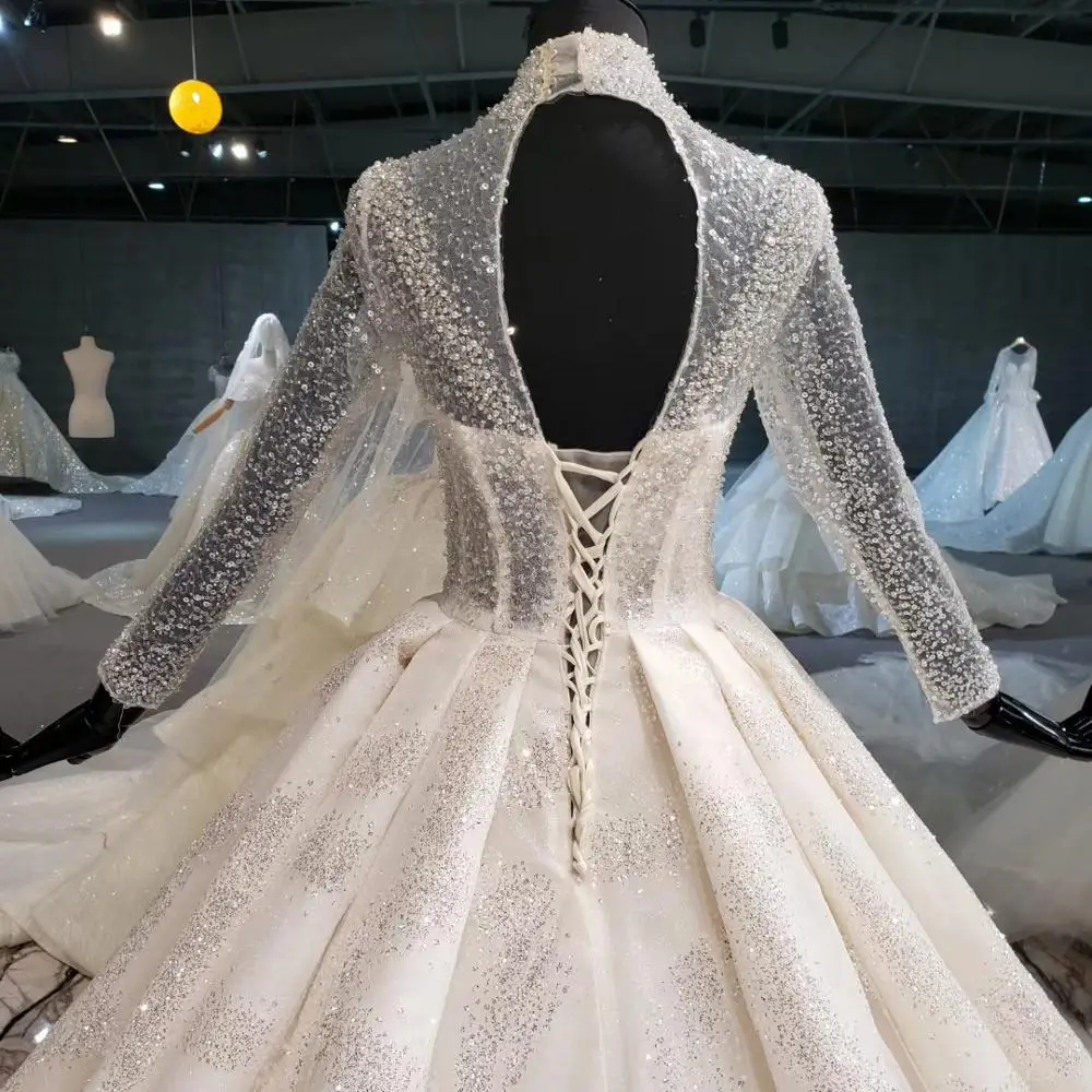 

Suknia Slubna Simple Wedding Dress 2020 Ball Gown Princess High Neck Long Sleeve Sequined Beads Top Boho Wedding With Train