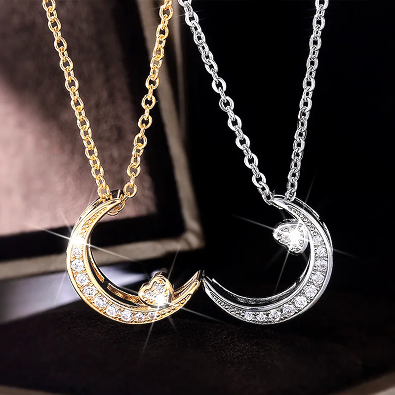

Fashion Hearty Pendant Necklace Round Diamond Cold Wind Net Red Temperament Clavicle Chain women jewelry lovers' Moon O-chain