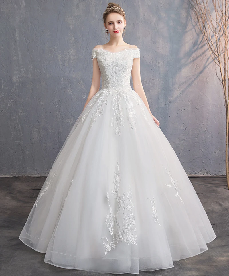 

New Boat Neck Wedding Dresses Floor Length Ivory Organza Appliques Customer Plus Sizes Bridal Ball Gown Vestido De Noiva