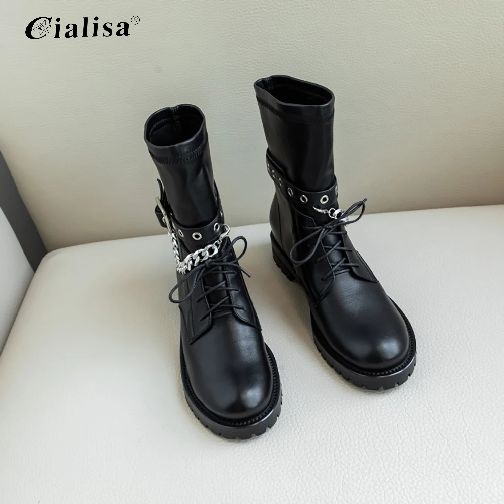 

CIALSIA Women Shoes Genuine Leather Round Toe Lace Up Chunky Heel Ankle Boot 2020 Metal Decoration Low Heel Motorcycle Boots