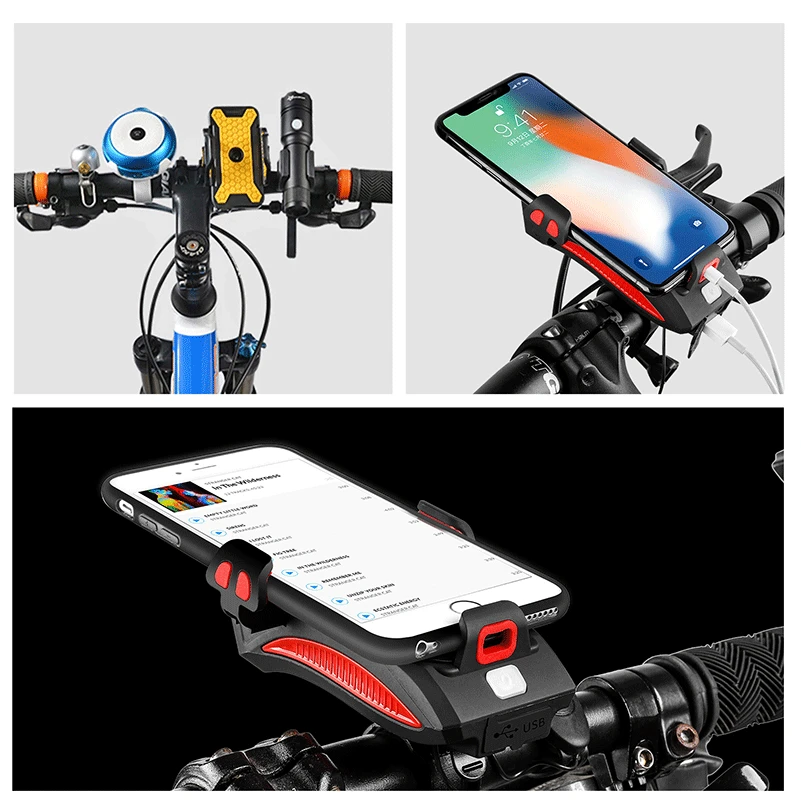 

WEST BIKING 4 In 1 Bicycle Light Flashlight Bike Horn Alarm Bell Phone Holder Power Bank Bike Accessories Cycling Front Lamp MTB