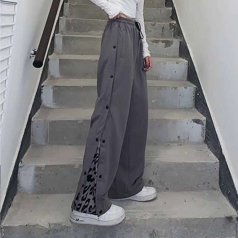 

Women's Pants 2021 New Korean Leopard Buttoned Trousers Black Loose Casual High Waist Wide Leg Pants Female Spring Autumn