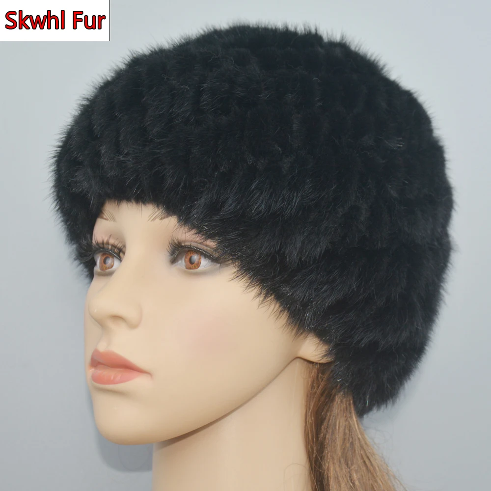 

Winter Womens Mink Fur Hats Natural Real Fur Knitted Cap Fashionable Fluffy Ladies Genuine Fur Beanie Female Black Fur Caps