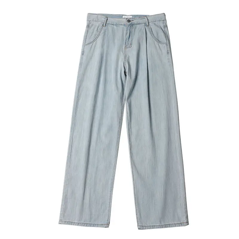 

2020 Four Seasons Men's New Straight Loose Neutral Mop Jeans Homme Male Full Length Solid Color Pockets Trouser Big Size M-2xl