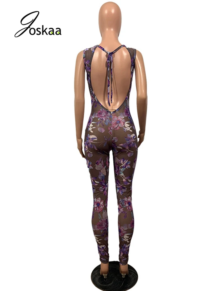 

Joskaa Sleeveless Women Rompers Mesh Backless Prined Jumpsuit See Through Leggings Bodysuit Skinny Sheath Overalls 2021 Women