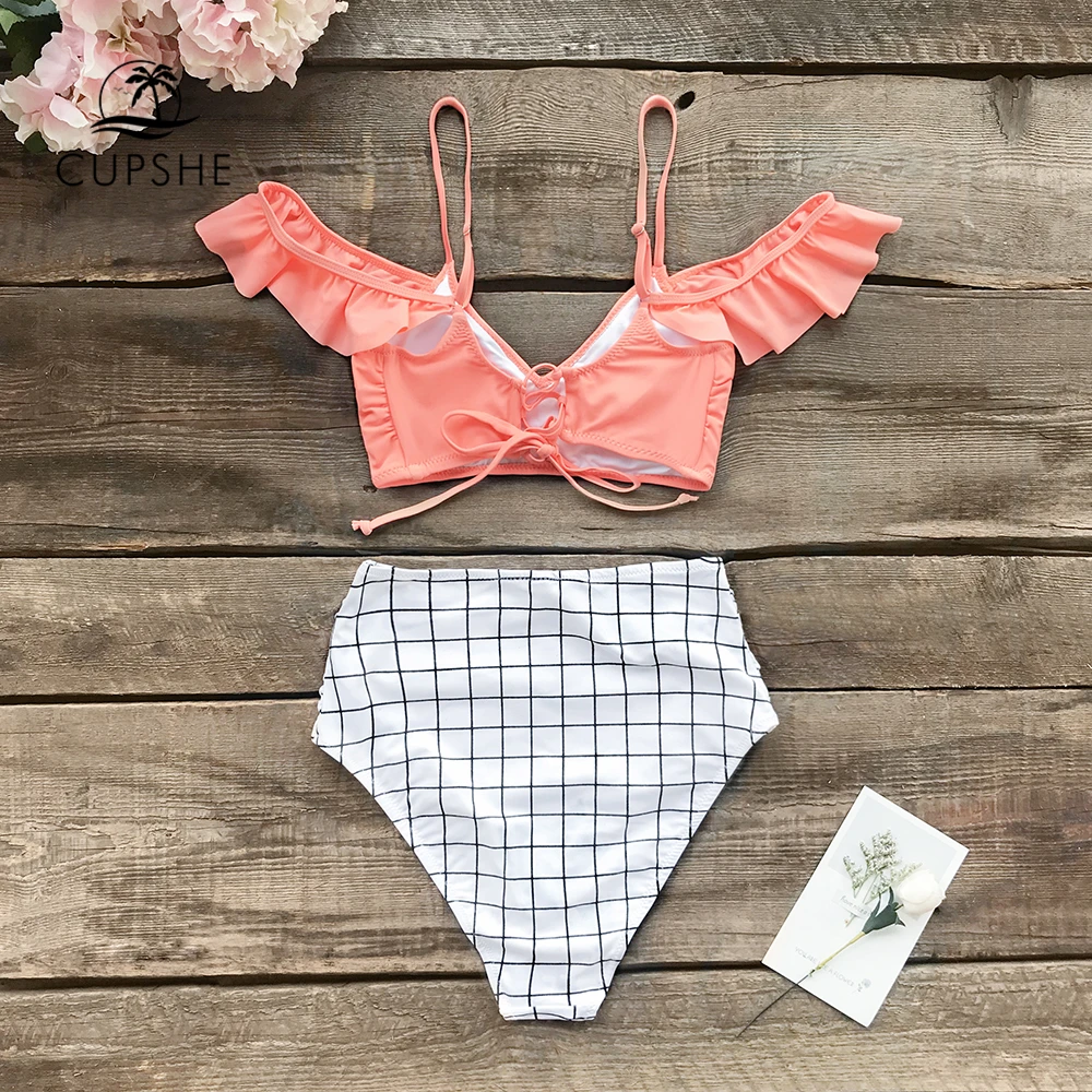 CUPSHE/розовые и клетчатые комплекты бикини с высокой талией женские сексуальные