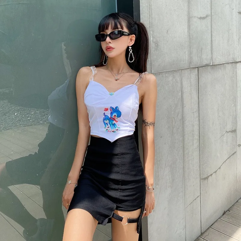Harajuku с сетчатым ремешком Топ корсет без рукавов Футболка женская Kawaii бабочка