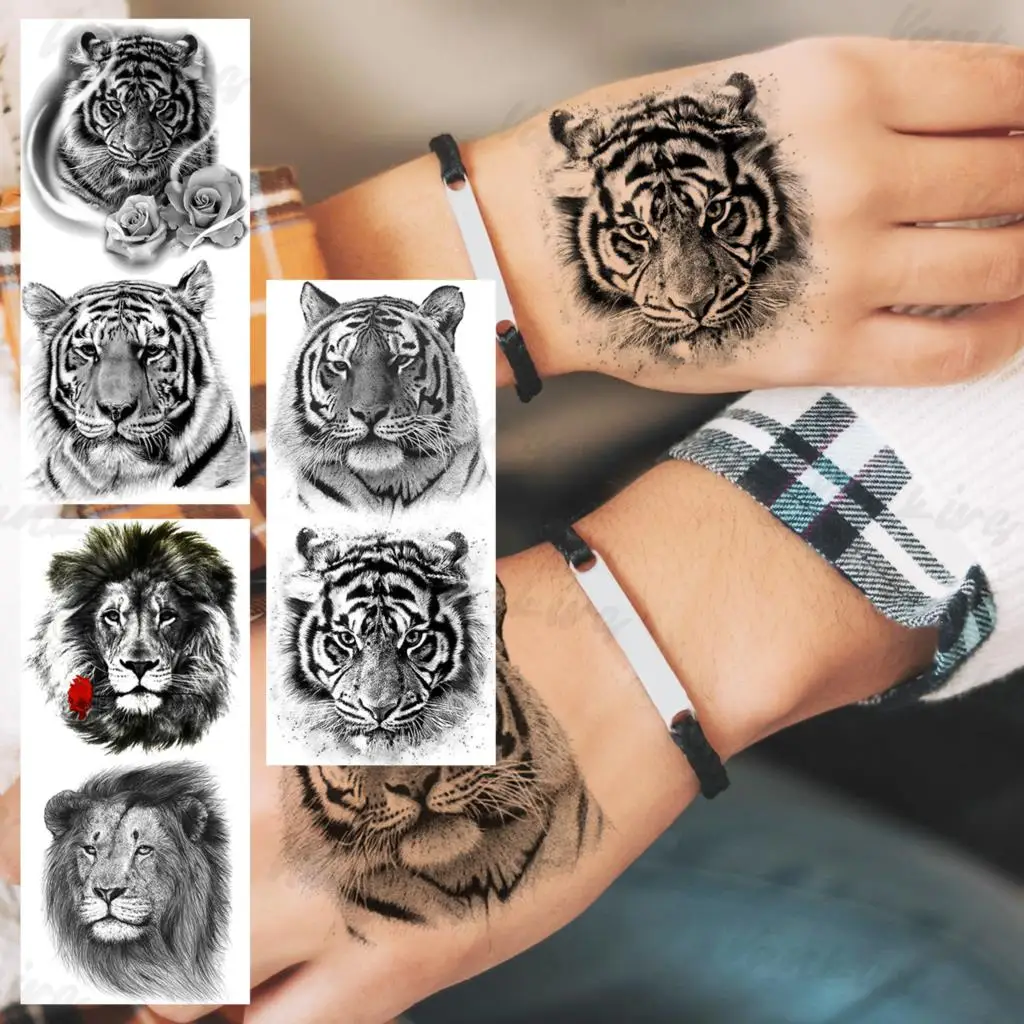 

Black Tiger Temporary Tattoos For Women Men Realistic Lion Rose Flower Fake Tattoo Sticker Hand Arm Waterproof Tatoos Badge