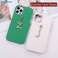 custom name cowhide pebble leather phone shell case for iphone11 12 13 pro mini max x xr xs 7 8plus pendant metal letters cover