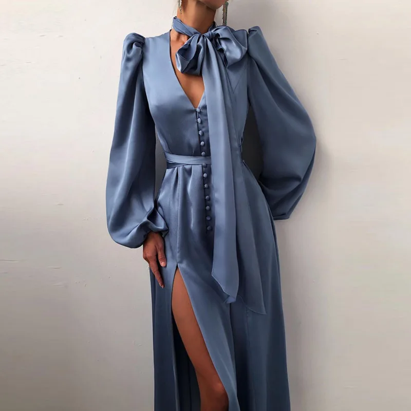 

Deep V-Neck Women Split Long Dress Elegant Button Lantern Sleeve Party Dress Summer Fashion Solid Office Lady Long Dresses Split