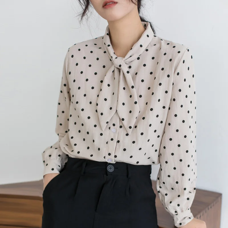 Polka Dot Print Blouse Women Long Sleeve Shirt 2020 Spring Autumn Bow Neck Office Ladies Casual Blouse Korean Style