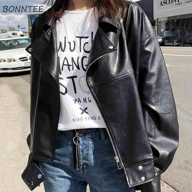 

Jackets Women Solid Zippers Motorcycle PU Leather Bomber Jacket BF Streetwear Cool Fashion Spring Ulzzang Loose All-match Chic