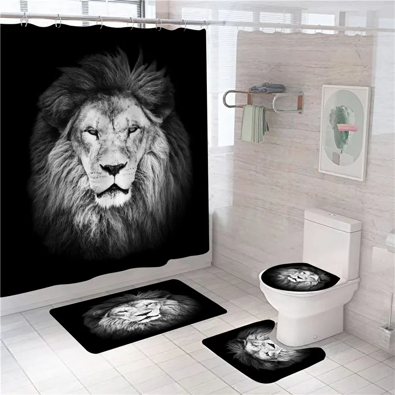 

3D Print Animals Shower Curtain Set Bath Screen Waterproof Curtain Anti-slip Mat Customized Lion Tiger Beast Home Decor 4PCS/Set
