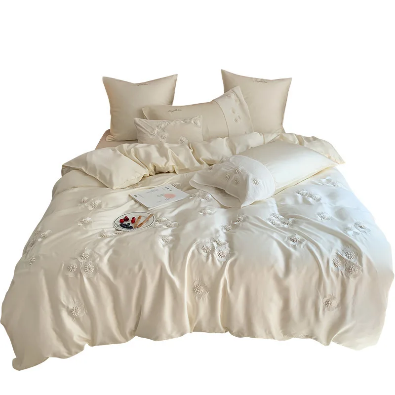 

4PCS 800TC Princess Applique Embroidery Bedding Set Satin Flower Duvet Cover Bed sheet Linen Pillowcases for Double Bed 220x240