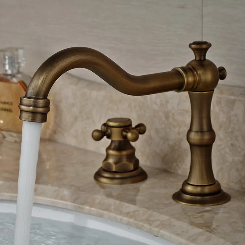 Античный латунный Смеситель для раковины с двумя поперечными ручками 3