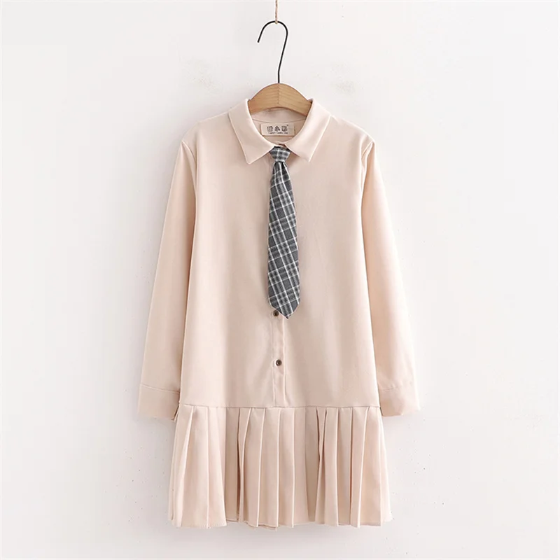 

Sweet Fashion Preppy Style Women Vintage Dress Spring Cute JK School Uniform Clothes Kawaii Casual 2 Piece Set Shirt Dress 2021